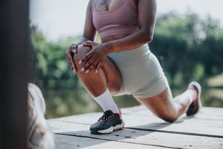 Indian woman stretching outdoors in active wear for a workout sessionの写真素材