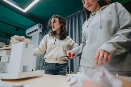 Two students collaborate in a design workshop to build a scale model and prototypeの写真素材