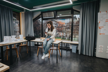 Students in a modern classroom sit on a table using a smartphone during a study session