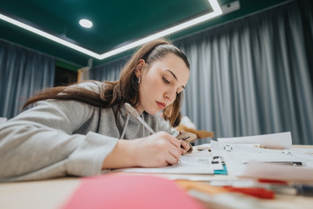 Student studying at the collaboration center, focused on notes and phone during a workshopの写真素材