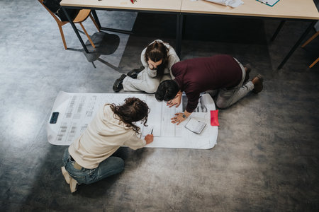 Students collaborate on a large design plan in a modern classroom collaboration centerの写真素材