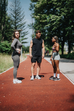 Group of fitness enthusiasts training together outdoors on a sunny trackの写真素材