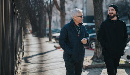 Elderly man and younger friend walking and chatting on a sunny urban sidewalkの写真素材