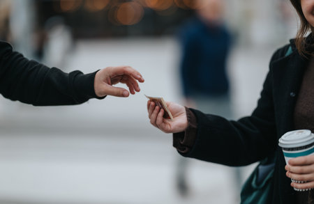 Hands exchanging money on a bustling city street, with a coffee cup in viewの写真素材