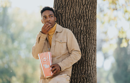 Man in beige jacket enjoying popcorn while leaning against a tree in a sunny parkの写真素材
