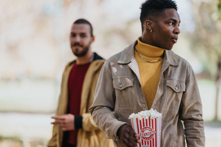 Two friends in a park enjoying snacks, casual style and a relaxed outdoor momentの写真素材