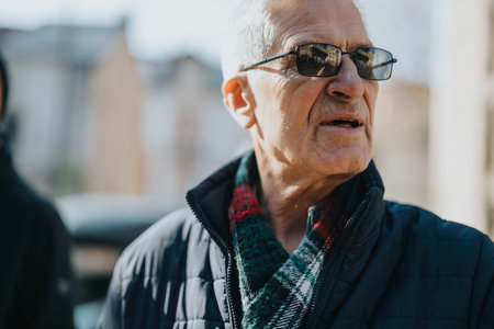 Elderly man wearing sunglasses, a plaid scarf, and a jacket outdoors, looking thoughtfulの写真素材