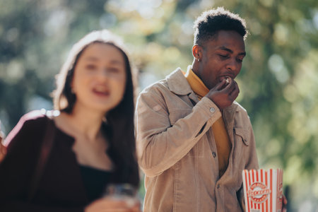 Two friends in a sunny park share snacks, one eating popcorn from a striped bucketの写真素材