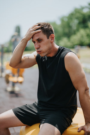 Tired man resting after outdoor workout at urban fitness parkの写真素材