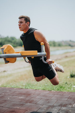 Man working out on outdoor fitness equipment for strength training