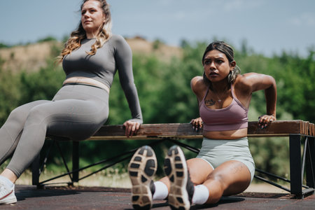 Two Women Exercising Outdoors on a Bench Performing Strength Trainingの写真素材