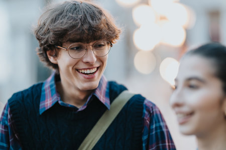 Young friends laugh and chat in the city streets during a casual day outの写真素材