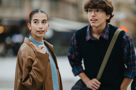Teenage friends talking in the city, exploring together and enjoying a casual day outの写真素材