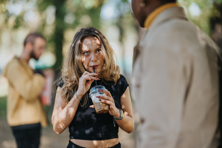 Woman enjoying an iced coffee in the park while chatting with friendsの写真素材