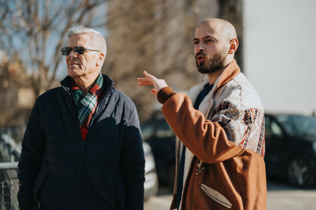 Two men chat outdoors, one elderly with scarf and sunglasses, the other gesturing in a brown jacketの写真素材