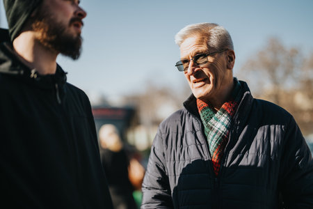 Older man in scarf and jacket talking with a younger man outdoors on a bright day