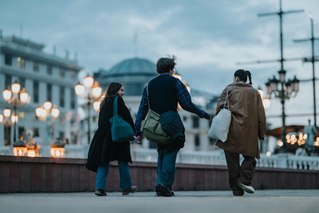 Three friends stroll through the city promenade at dusk, carrying bags and sharing a moment togetherの写真素材