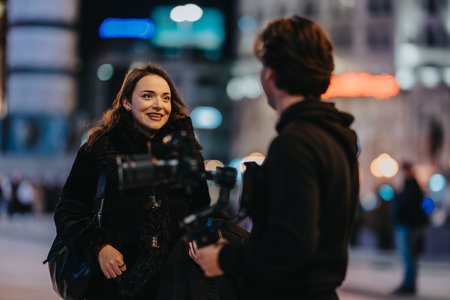 Two friends talk at night on a city street as a camera captures their momentの写真素材