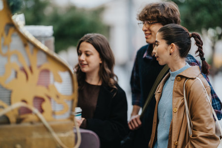 Teenage friends explore a city scene, chatting and laughing near a decorative street lanternの写真素材