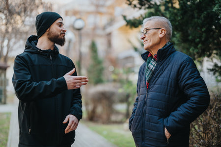 Friendly conversation between a younger man and an older man in a park on a cool day