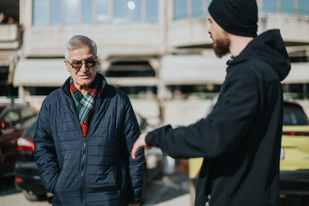 Elderly man in a quilted jacket talks with younger man outdoors in a city parking lot