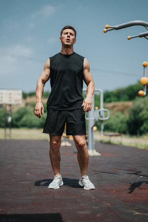Man exercising at outdoor fitness park on sunny day