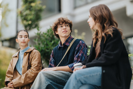 Teenage friends sit and chat in the city, sharing stories and laughs together outdoors.