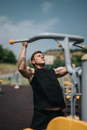 Man exercising on outdoor equipment during a sunny day