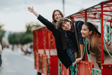 Three teenage friends ride a red tram, smiling and waving from an open carriage in the cityの写真素材