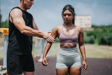 Fitness trainer guiding woman during outdoor exercise sessionの写真素材