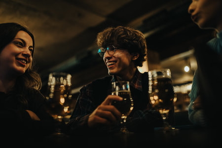 Young friends enjoy a warm, intimate bar night with drinks and conversationの写真素材