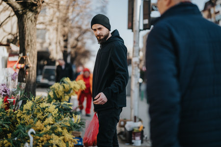 Man in black jacket and beanie browses flowers at an outdoor street marketの写真素材