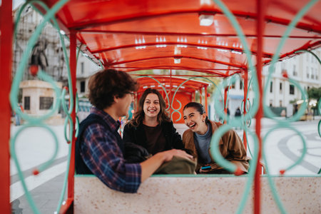 Teenage friends in a red city tram laughing and chatting during an urban outingの写真素材