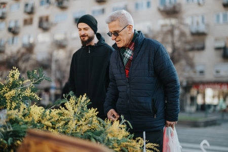 Elderly man shops for flowers at an outdoor market with a companion on a cold dayの写真素材