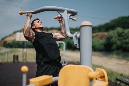 Person exercising on an outdoor gym apparatus in sunny green park