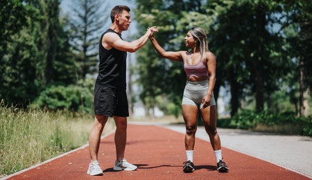 Two friends celebrating a fitness success at an outdoor track areaの写真素材
