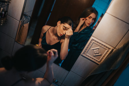 Two friends apply makeup in a bathroom mirror with moody lighting and reflectionsの写真素材