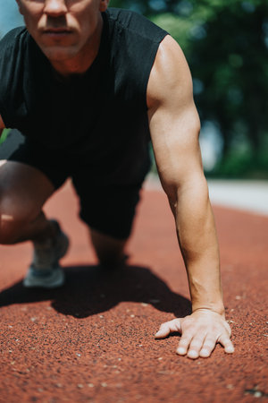 Focused athlete prepares to sprint on the outdoor running trackの写真素材