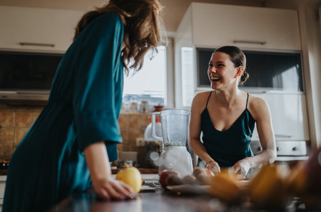 Two friends laughing and preparing smoothies in a bright modern kitchen togetherの写真素材