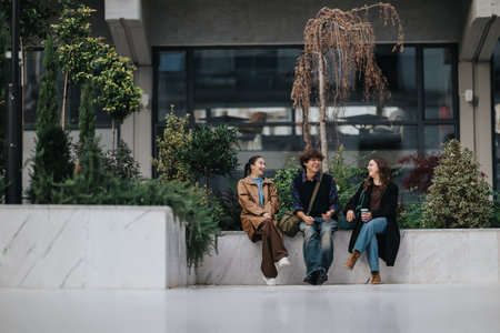 Teenage friends sit together on a marble planter in an urban garden outside a modern buildingの写真素材