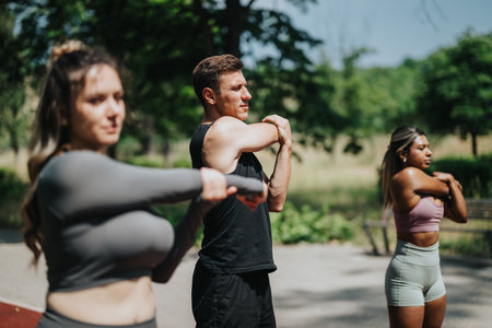 Group of diverse individuals stretching outdoors in a sunny park environment