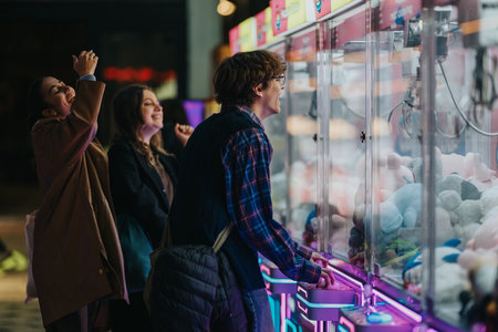 Teenage friends enjoy a night out at the arcade claw machine with plush toys and neon lightsの写真素材