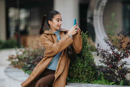 Young woman takes a casual selfie in the city, wearing a brown coat and blue sweaterの写真素材