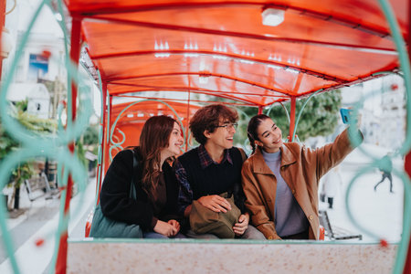 Teenage friends take a selfie in a colorful city tram ride, enjoying travel and shared moments...