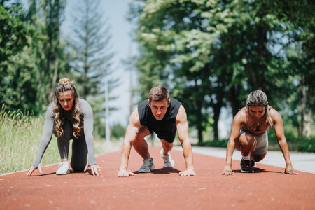 Three athletes preparing to start on a sunny running track outdoors