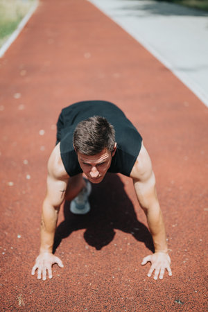 Man doing push-ups outdoors on a track during a sunny day