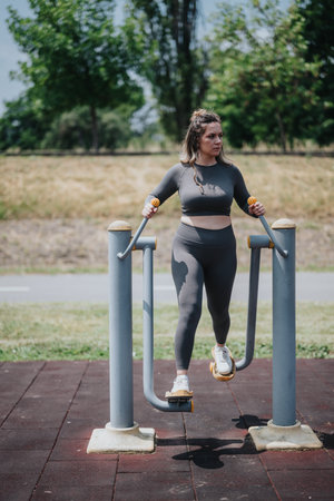 Woman exercising on outdoor fitness equipment in a park settingの写真素材