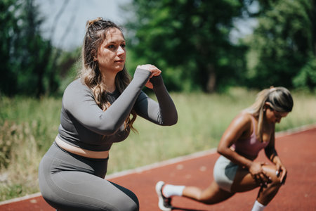 Two women stretching outdoors on a track in athletic wearの写真素材