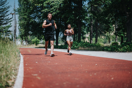 Two individuals jogging outdoors on a sunny day in a park setting