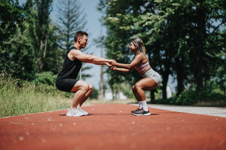 Two people performing partnered squats on an outdoor track in a park settingの写真素材